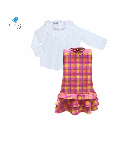 VESTIDO ALICE | XADREZ LARANJA COM PINK| 2 peças