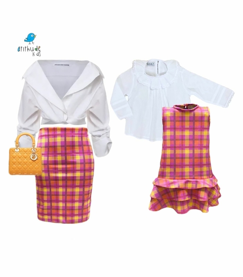 Conjunto Tal mãe, Tal filha | Maria (Três peças) Saia Bata e Vestido | XADREZ LARANJA COM PINK