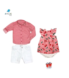 Vestido Carla Baby | Estampa xadrez com cerejas (2 peças) - comprar online