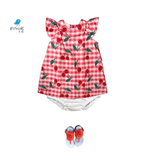 Vestido Carla Baby | Estampa xadrez com cerejas (2 peças)