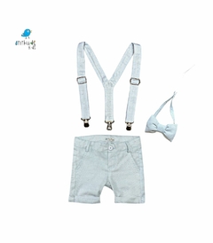 Bermuda de linho azul bebê c/ suspensório e gravata | linho | 2 peças - comprar online