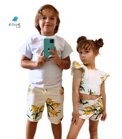 Conjunto irmãos | limões aquarelados - Bermuda e conjunto croped e short saia (3 peças) - comprar online