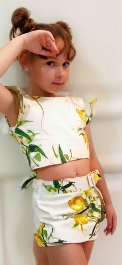 Conjunto irmãos | limões aquarelados - Bermuda e conjunto croped e short saia (3 peças) - Atithude Kids