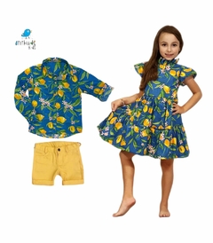 Conjunto irmãos | Limão aquarelado azul- Bermuda e Vestido midi (duas peças) na internet