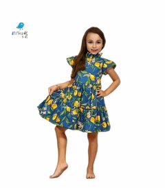 Conjunto irmãos | Limão aquarelado azul- Bermuda e Vestido midi (duas peças) - comprar online
