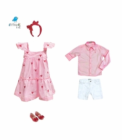 AMOR - Conjunto irmãos rosa bebe - Camisa e Vestido (duas peças)