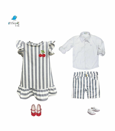 Conjunto irmãos listrado - Vestido e Bermuda (duas peças)