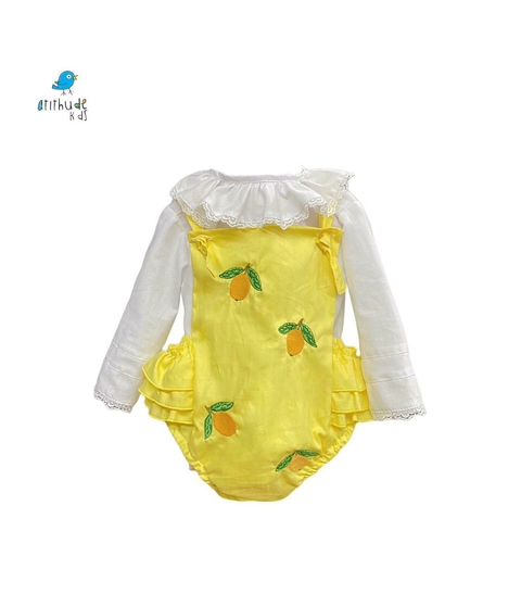 ROMPER AMARELO BORDADO LIMÃO FRUFRU NO BUMBUM -