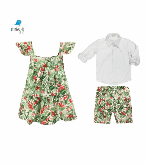 Conjunto irmãos estampado verde / - Vestido e Bermuda (duas peças) -