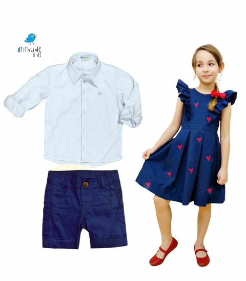 AMOR - Conjunto irmãos AZUL - Vestido e Bermuda (duas peças)