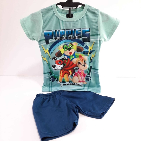 Conjunto Camiseta Verde Mundo Mania Filhotes e Shorts Tactel