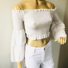 Top Blusa Cropped Ombro a Ombro Branco Manga Longa P - Brechó Bete Balanço