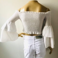 Top Blusa Cropped Ombro a Ombro Branco Manga Longa P - comprar online