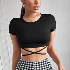 Blusa Cropped Amarração na Cintura Malha Canelada Preta P Novo