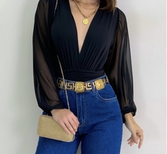Body Manga Longa Tule Preto Novo U - comprar online