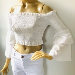 Top Blusa Cropped Ombro a Ombro Branco Manga Longa P na internet
