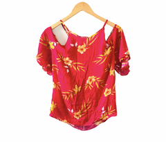 Blusa Bata Florida Rosa Detalhe nos Ombros M Nova - Brechó Bete Balanço