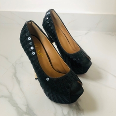 Sandália Peep Toe Paetês Salto Fino Preta Luxuosa 35/36 - loja online