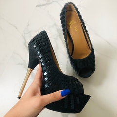 Sandália Peep Toe Paetês Salto Fino Preta Luxuosa 35/36 na internet