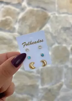 Trio de Brincos Lua Dourado Banhado a Ouro 18k