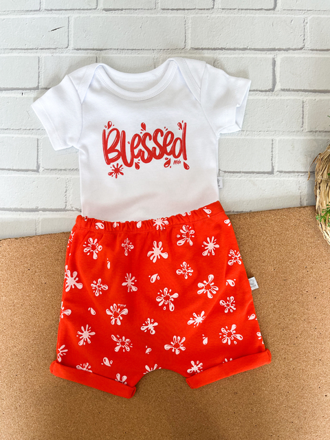 CONJUNTO DE BEBÊ BODY MANGA CURTA BLESSED + SHORTS SPLASH LARANJA