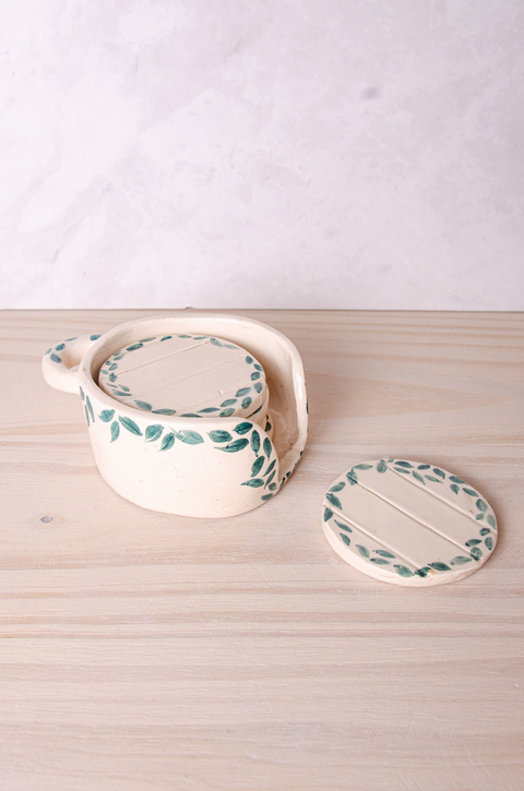 Set Porta Posavasos con Hojas Pintadas – Hecho a Mano - comprar online
