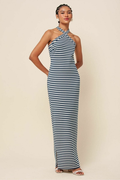 VESTIDO LISTRADO MALHA ESTRUTURADA AZUL