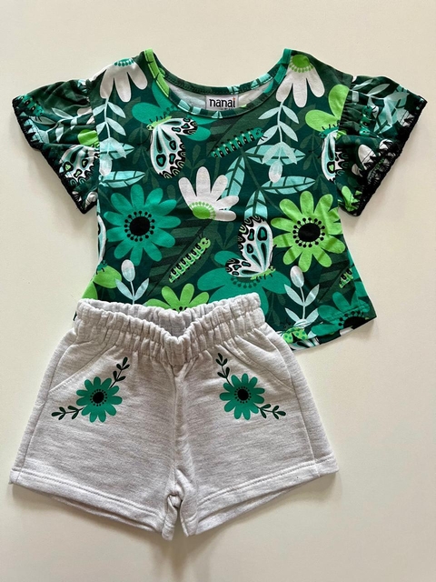 Conjunto Blusa Verde e Short Cinza Marca Nanai