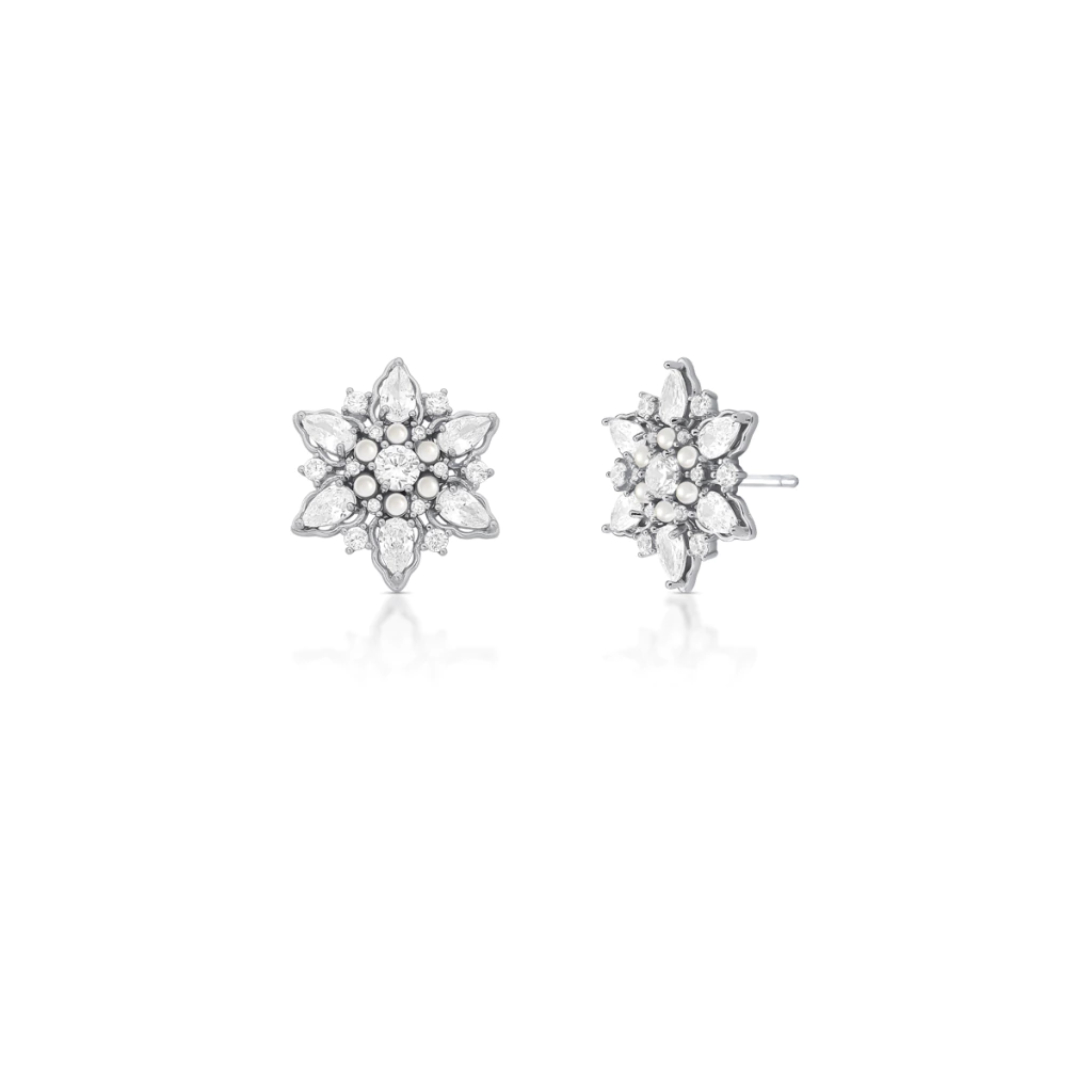 BRINCO FLOR FLOCO PÉROLAS E ZIRCONIAS RODIO /BRANCO