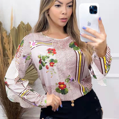 Blusa Chiffon Floral Manga Longa Babado na internet