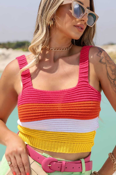 Cropped Tricot Modal Canelado Decote Quadrado Listrado