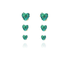Trio Coração De Zircônia Verde água Folheado Em Ouro 18k