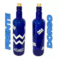 Imagen de Botella De Vidrio Azul Agua Hóoponopono Con Signos Zodiaco