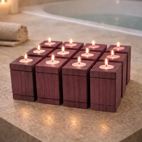 12 Porta vela de madera Grande c/ 12 velas de noche - Rosa