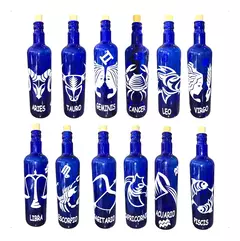 Botella Vidrio Azul Agua Hooponopono Signos Del Zodiaco en internet