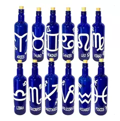 Botella De Vidrio Azul Agua Hóoponopono Con Signos Zodiaco