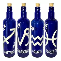 Botella De Vidrio Azul Agua Hóoponopono Con Signos Zodiaco x12uni. - tienda online