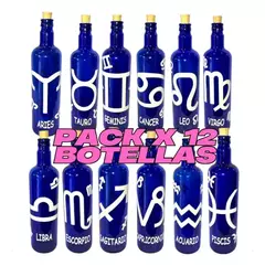 Botella De Vidrio Azul Agua Hóoponopono Con Signos Zodiaco x12uni. - comprar online