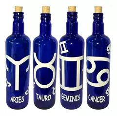 Botella De Vidrio Azul Agua Hóoponopono Con Signos Zodiaco x12uni. en internet