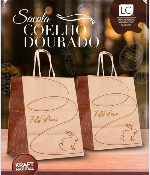 SACOLA KRAFT COELHO DOURADO 20x15x25cm UNID. (REF.2470)