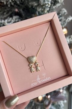 Cordão 2 meninos coração zircônia banhado em ouro 18k - comprar online
