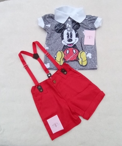 Conjunto Mickey - Blusa Polo e Bermuda com suspensório.