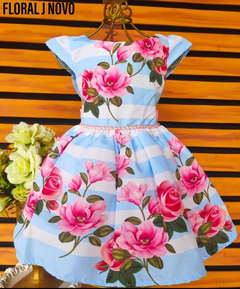 Vestido Floral Azul infantil festa azul com flores rosas rodado