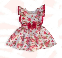 Vestido Floral Vermelho Babado branco com flores vermelhas festa infantil