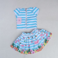 Conjunto infantil Flamingo Blusa e Saia Azul - Hadassa Moda Infantil