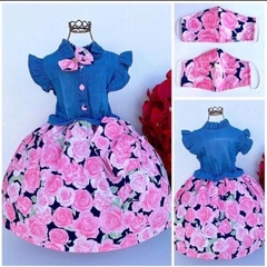 Vestido Floral com Jeans Infantil de festa Azul Rosa