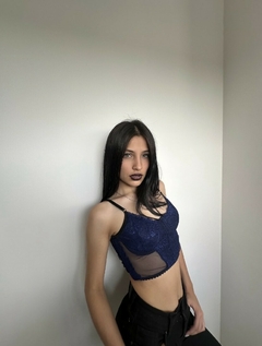 Bustier Puntilla y Microtul Azul - YASSMIN LINGERIE