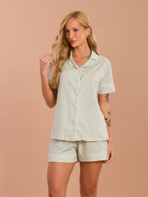 Pijama Estela Americano Curto Listrado Verde | Algodão