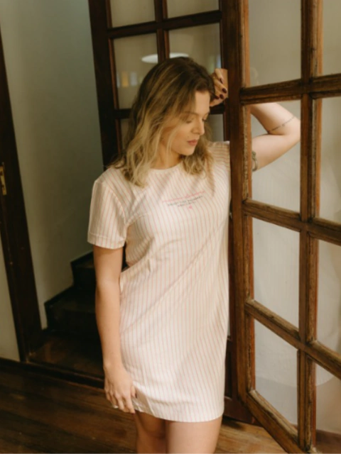 Camisola Luna Manga Curta Listrada Rosa | Fio Tinto