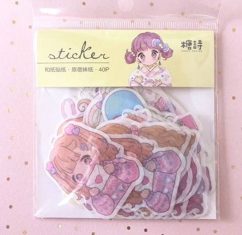Saquinho de adesivos menininhas kawaii